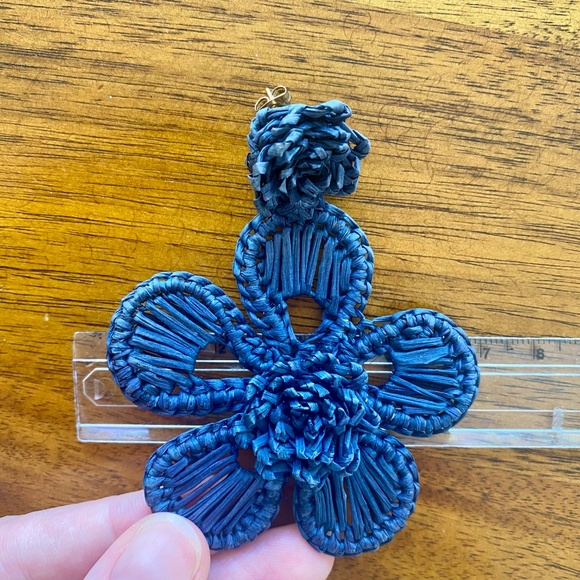 Navy Hibiscus Flower Iraca Palm Earrings - Picture 3 of 5